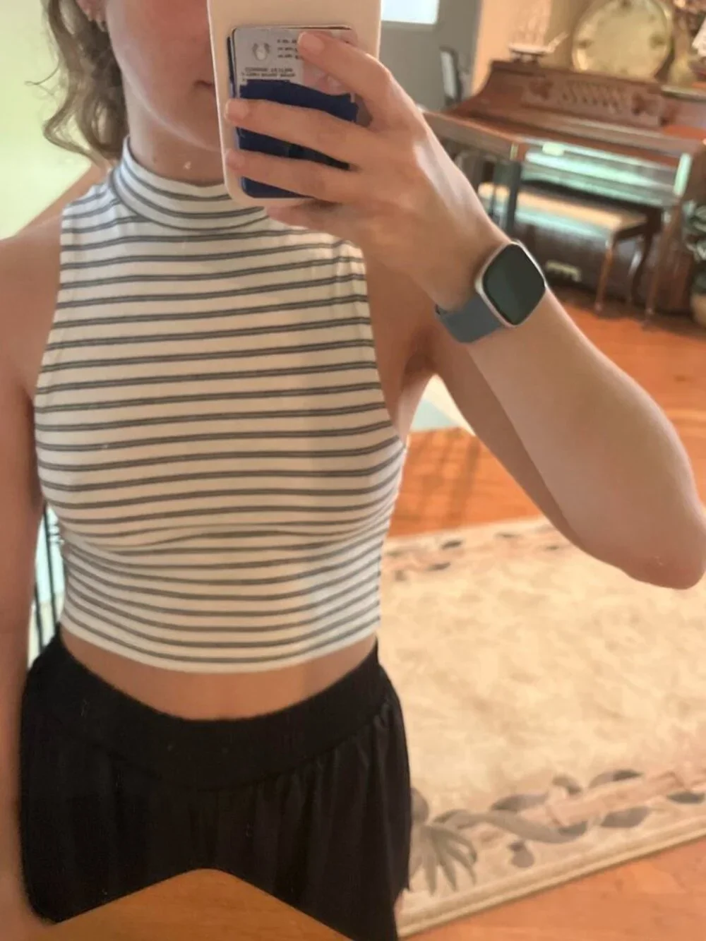White Grey Striped Mock Neck Sleeveless Tank Top Soft Stretch Basic Layering Tee - Picture 2 of 2